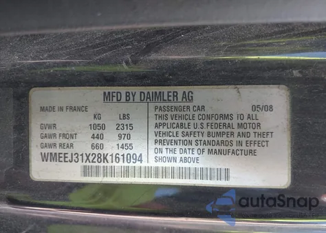 2008 Smart Fortwo Passion/Pure z USA, uszkodzony, nr VIN WMEEJ31X28K161094